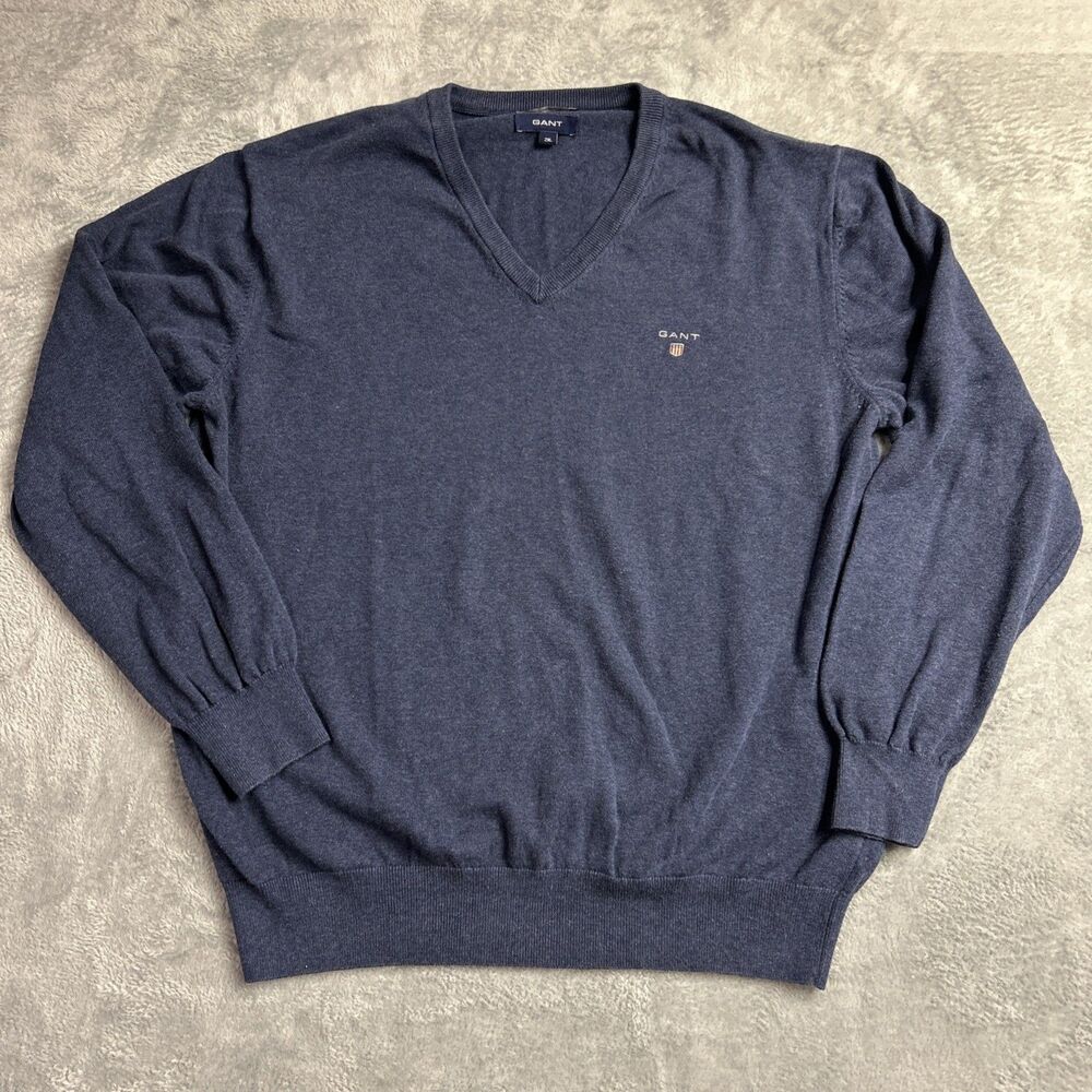 Gant Mens V-Neck Sweater Blue 2XL Lightweight Cotton Long Sleeve Pullover Preppy